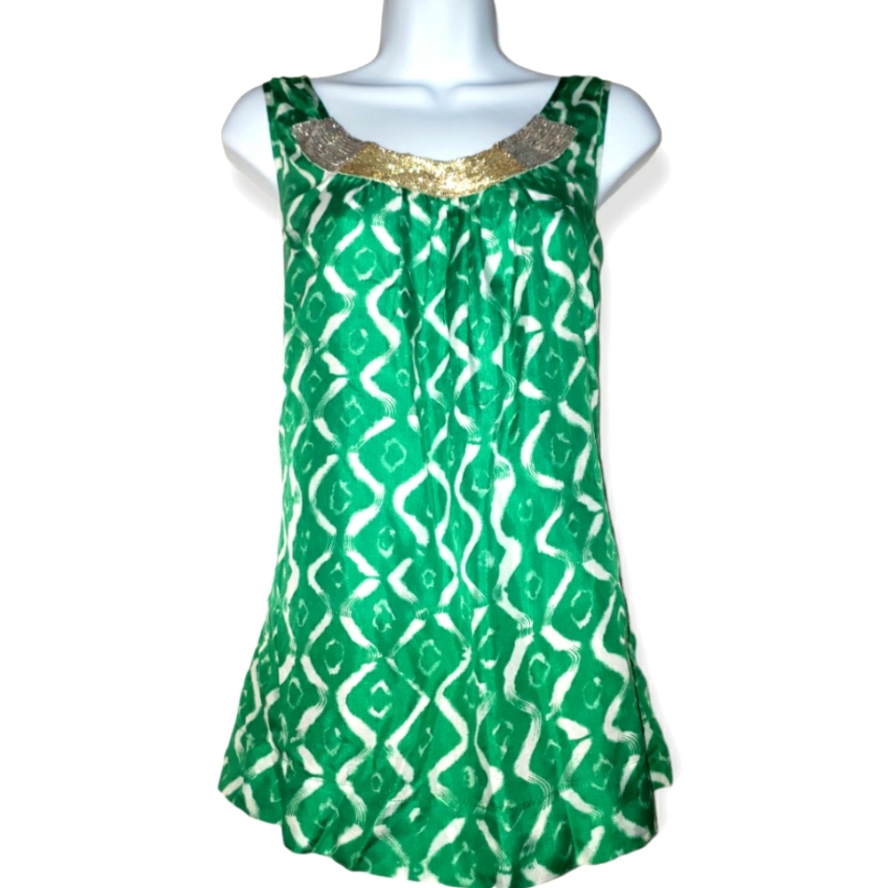 Velvet green & white geometric print beaded silk blouse top Womens Large